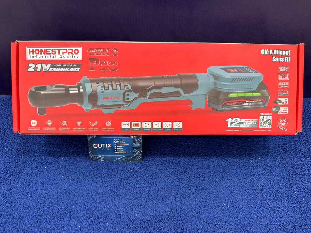 Cliquet sans fil Brushless 21V Bras Court 1/2″ 120Nm HONESTPRO YAE2648